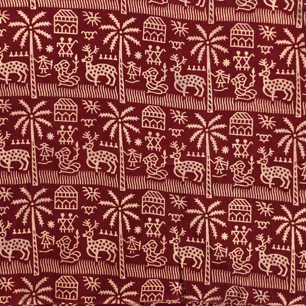 (Pre Cut 0.80 Meter )Pure Cotton Vegetable Dyed Ajrak Madder With Cream Dears Village Hand Block Print Fabric