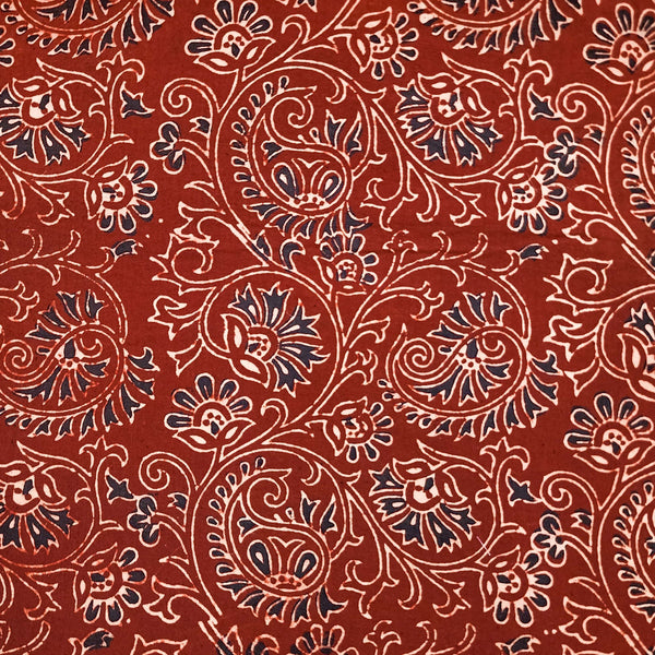 ( PRE-Cut 1.60 Meter  ) Pure Cotton Vegetable Dyed Ajrak Rust With Black And Cream Flowers Jaal Hand Block Print Fabric