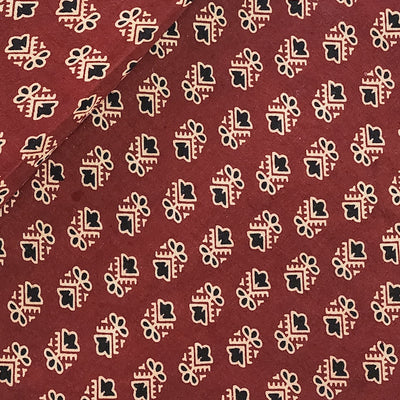 Pure Cotton Vegetable Dyed Ajrak Rust With Cream Small Black Flower Bud Motif Hand Block Print Fabric