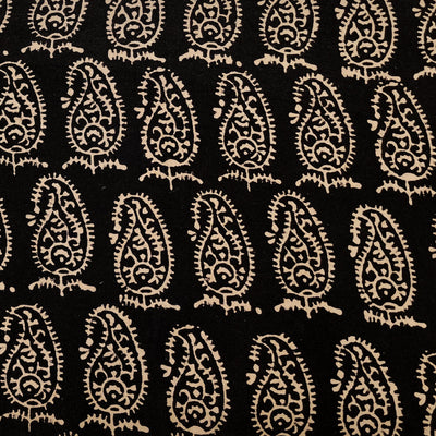 Pure Cotton Vegetable Dyed Ajrak With  Black And Cream Big Kairi Motif Hand Block Print Fabric