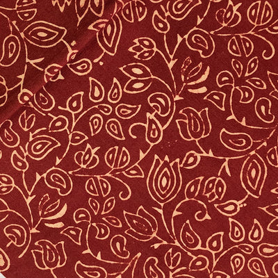 Pure Cotton Vegetable Dyed Ajrak With Rust Red And Cream Flower Jaal Hand Block Print Fabric