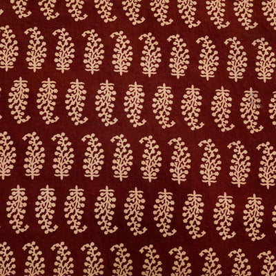 ( Pre-Cut 1 Meter ) Pure Cotton Vegetable Dyed Rust With Cream Small Ferns Motifs Hand Block Print Fabric