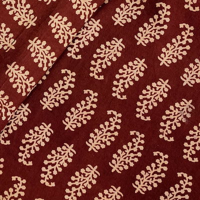 ( Pre-Cut 1 Meter ) Pure Cotton Vegetable Dyed Rust With Cream Small Ferns Motifs Hand Block Print Fabric