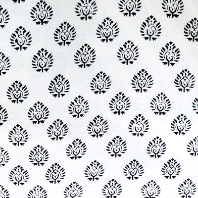 Pure Cotton White And Black Flower Buds Motifs Hand Block Print Fabric