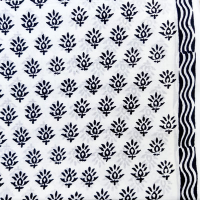 Pure Cotton White And Black Grass Flower Motifs Hand Block Print Fabric
