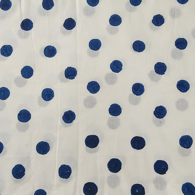 Pure Cotton White And Blue Polka Dots Hand Block Print Fabric