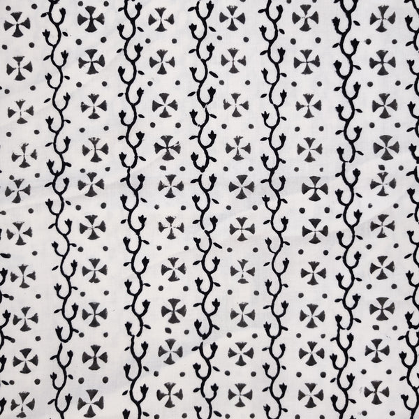 Pre-cut 1meter Pure Cotton White With Black Creeper And Grey Flowers Hand Block Print Fabric