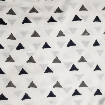 Pure Cotton White With Black Grey Small Triangles  Hand Block Print Fabric