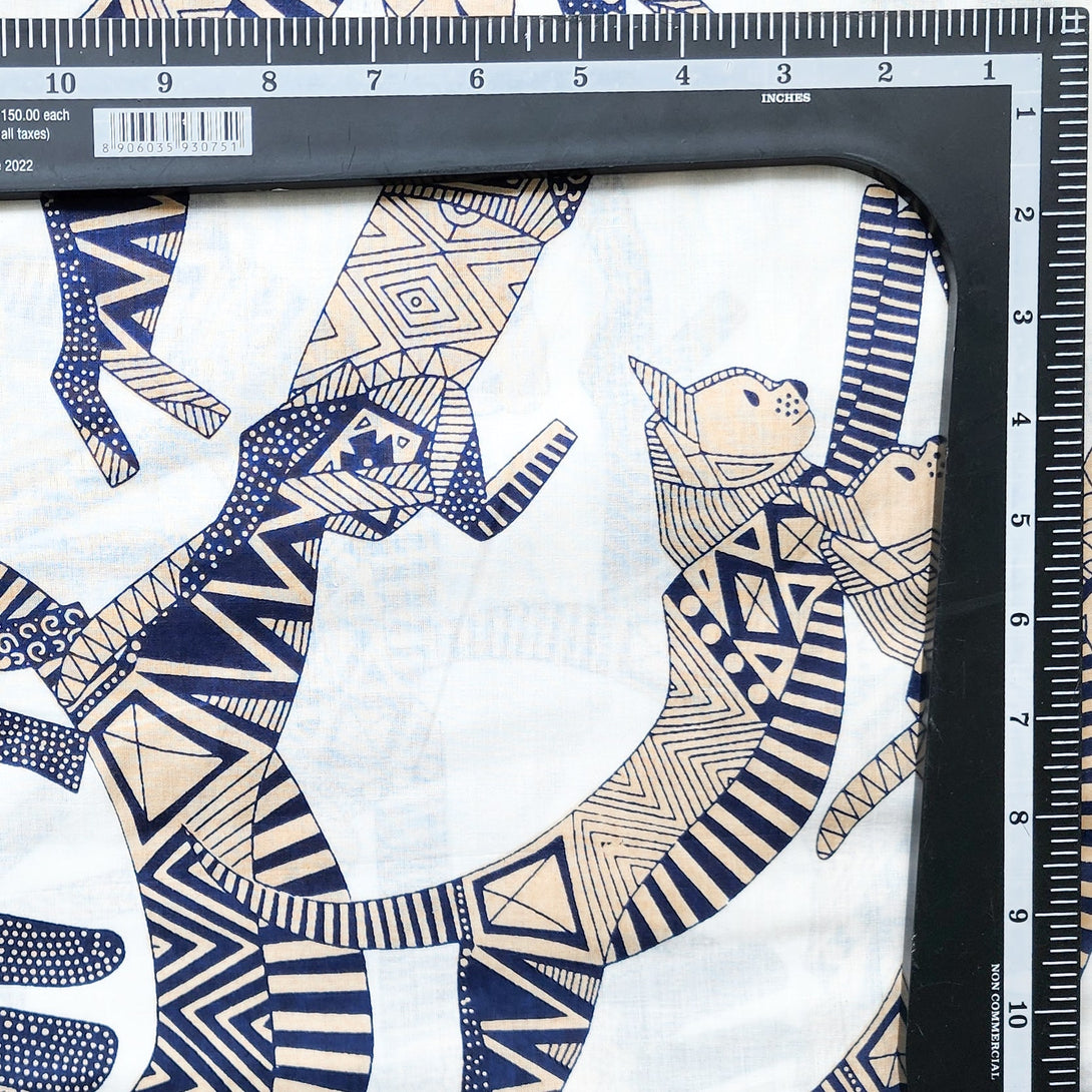Pure Cotton White With Egyptian Cat Screen Print Fabric – Sanskruti