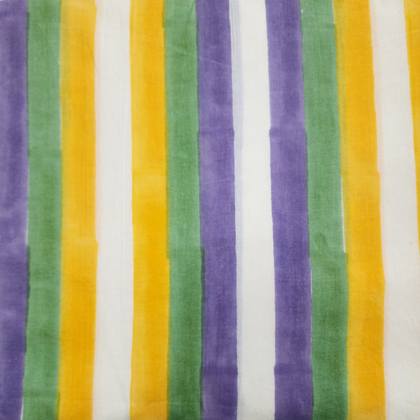 ( Pre-Cut 0.80 Meter ) Pure Cotton White With Green And Yellow And Purple Stripes Jaipuri Hand Block Print Fabric