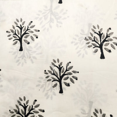 Pure Cotton White With Grey And Black Tree Bud Hand Block Print Fabric