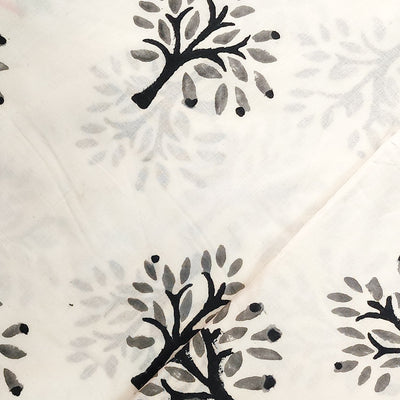 Pure Cotton White With Grey And Black Tree Bud Hand Block Print Fabric