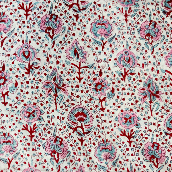 ( Pre-Cut 1.60 Meter ) Pure Cotton White With Pink And Red Flower Creeper Hand Block Print Fabric