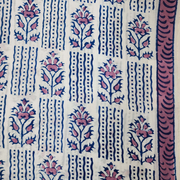 Pre-cut 1.90 meter Pure Cotton White With Pink Blue Alternate Plant And Three Stripes Hand Block Print Fabric