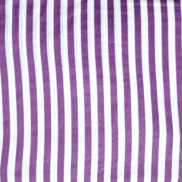Pure Cotton  White With Purple Fat Stripes Screen Print  Fabric