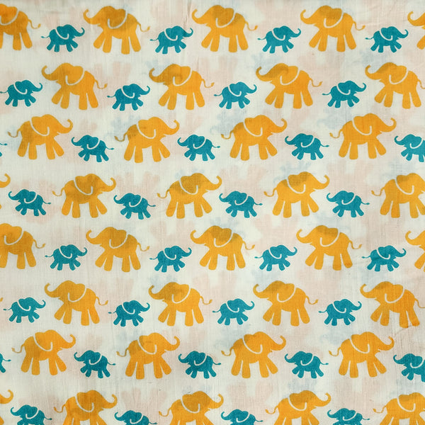 Pure Cotton White With Tiny Blue Elephant And Big Yellow Elephant Screen print Fabric