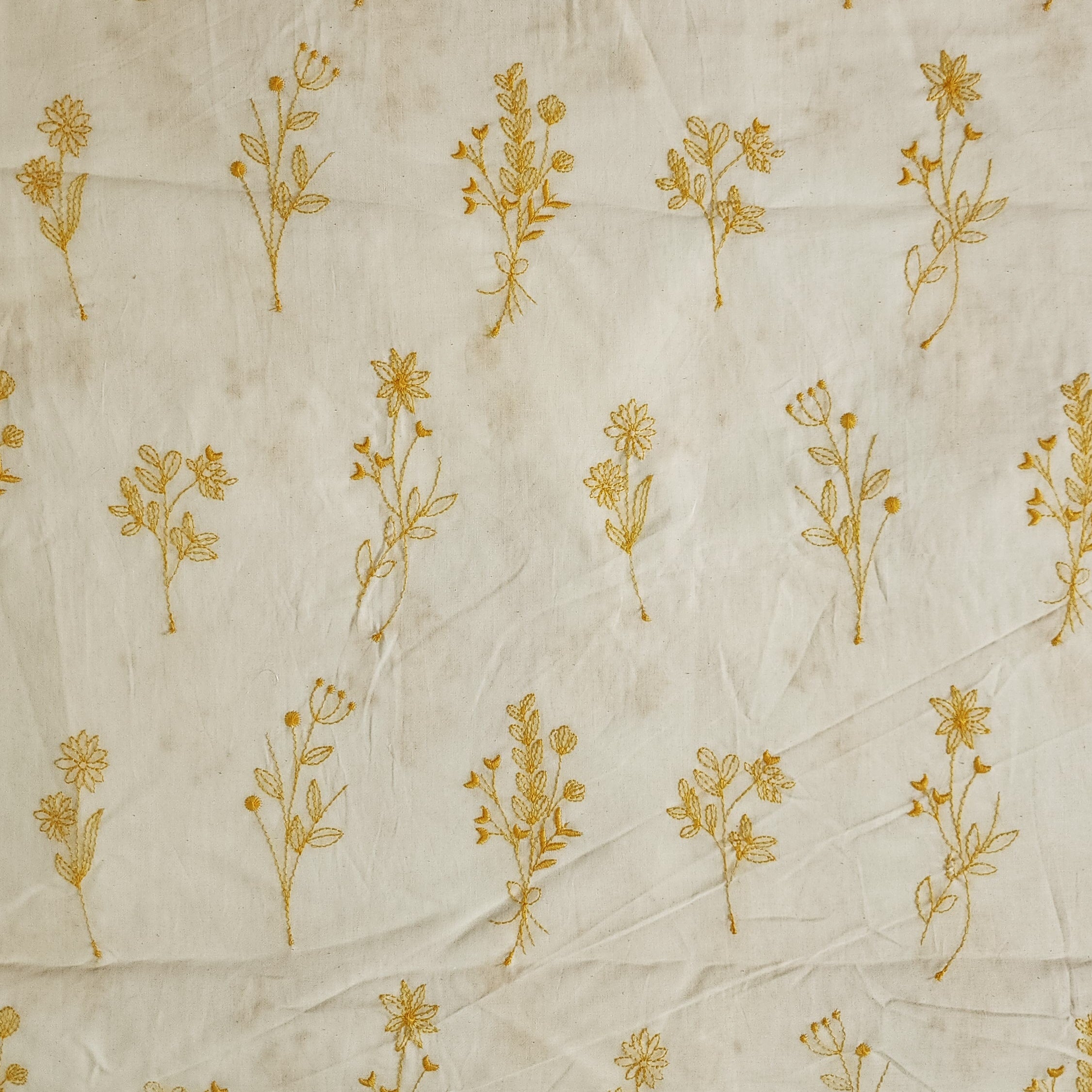 ( Width 44 Inches )Pure Cotton White With Yellow Assorted Plants Embro ...