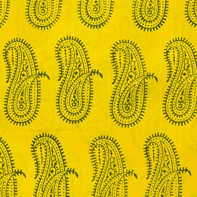 ( Pre-Cut 1.30 Meter ) Pure Cotton Yellow Gamthi With Mehendi Brown Paisley Motifs Hand Block Print Fabric