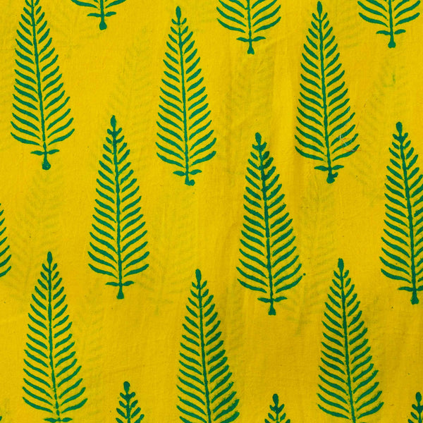 Pre-Cut 1.90 Meter Pure Cotton Yellow Gamthi With Teal Fern Motifs Hand Block Print Fabric