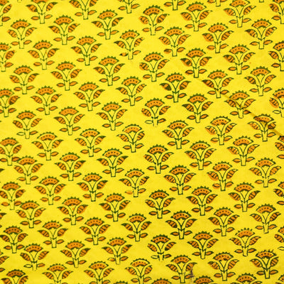 Pure Cotton Yellow With Green And Mustard Flower Bud Motif Hand Block Print Fabric