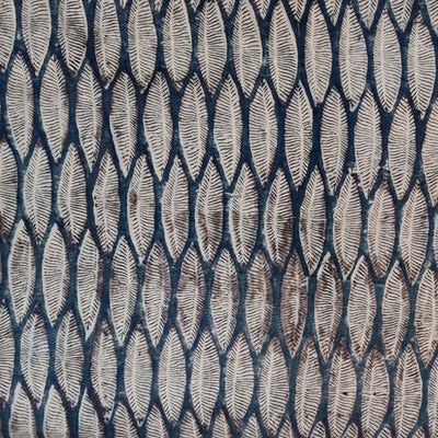 ( Pre-Cut 1 Meter )Pure Mul Cotton Extra Soft Kalamkari Indigo With Leaves Motifs Hand Block Print Fabric