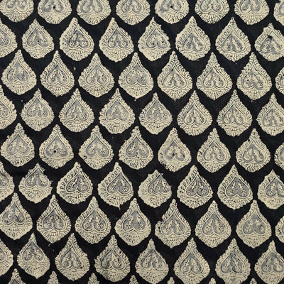 Pure Mul Cotton Kalamkari Black With Cream Heart Intricate Design Hand Block Print Fabric