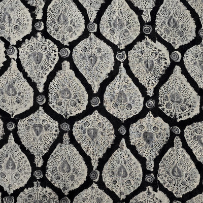 Pure Mul Cotton Kalamkari Black With Cream Intricate Design Leaves Hand Block Print Fabric
