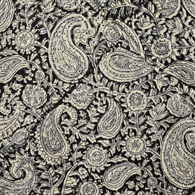 Pure Mul Cotton Kalamkari Black With Cream Kairi Jaal Hand Block Print Fabric