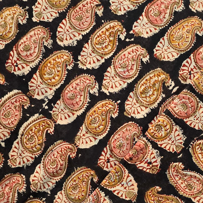 Pure Mul Cotton Kalamkari Black With Light Pink And Mustard Kairi Motif Hand Block Print Fabric