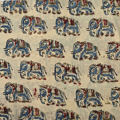 Pure Mul Cotton Kalamkari Cream With Blue Elephant Hand Block Print Fabric