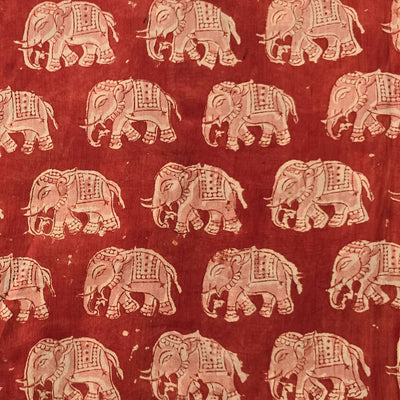 Pure Mul Cotton Kalamkari Red With Cream Elephant Hand Block Print Fabric