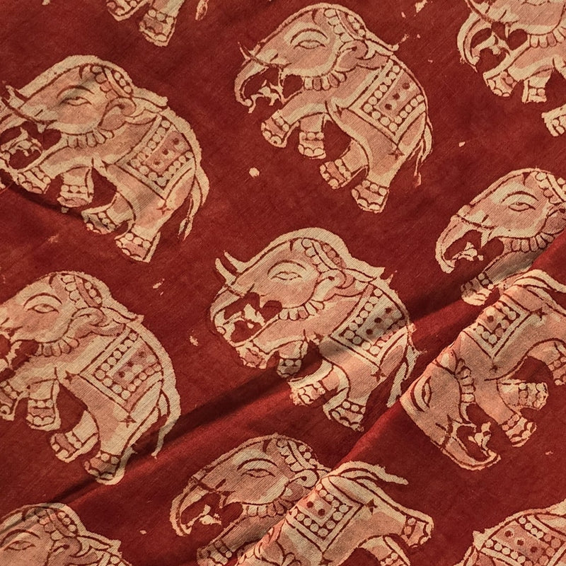 Pure Mul Cotton Kalamkari Red With Cream Elephant Hand Block Print Fabric
