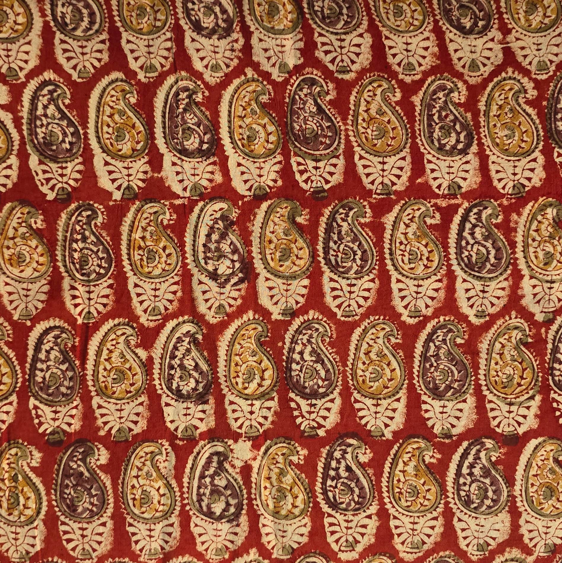 Pure Mul Cotton Kalamkari Red With Mustard Kairi Design Hand Block Pri ...