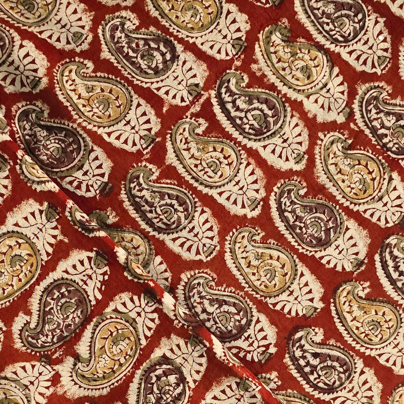 Pure Mul Cotton Kalamkari Red With Mustard Kairi Design Hand Block Print Fabric