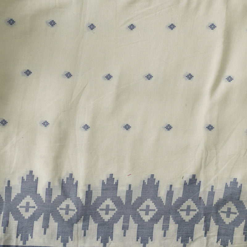 Pure Mul Cotton Soft Jamdani Cream With Blue Border And Blue Small Weaves Handwoven Fabric