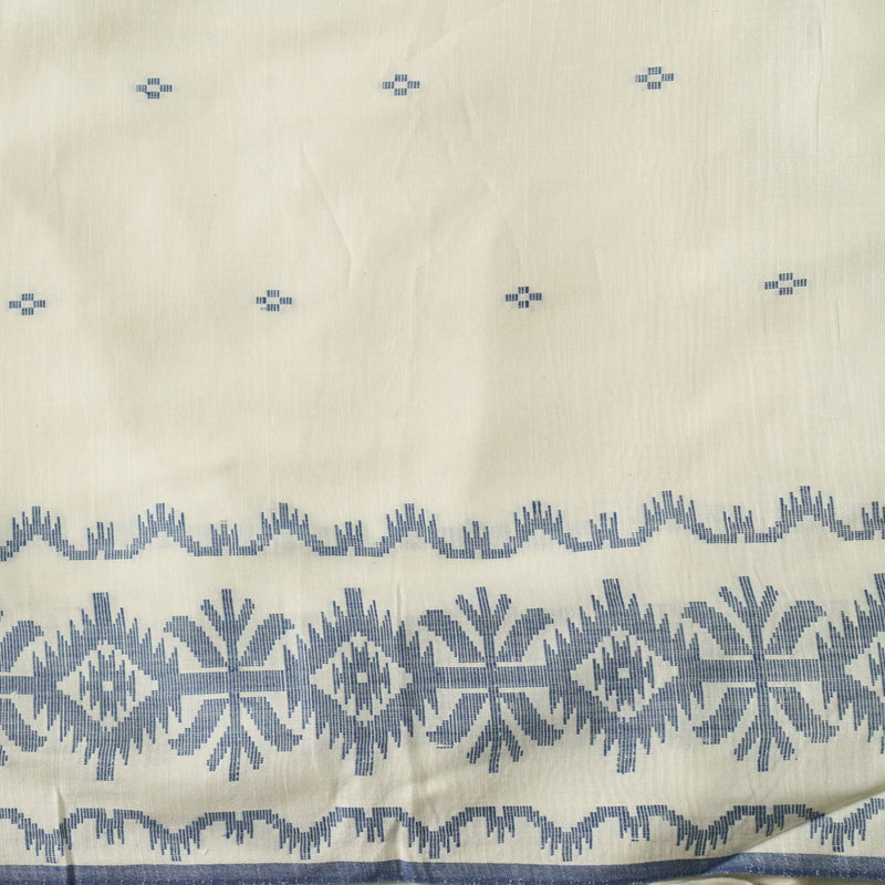 Pure Mul Cotton Soft Jamdani Cream With Blue Border And Blue Small Weaves Handwoven Fabric