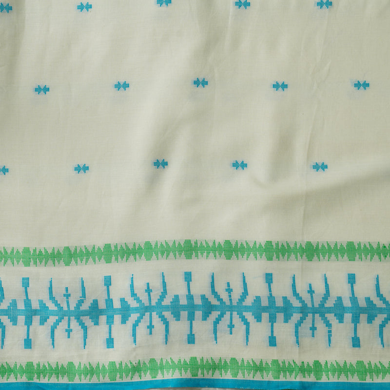Pure Mul Cotton Soft Jamdani Cream With Green Blue Border And Blue Small Arrow Weaves Handwoven Fabric