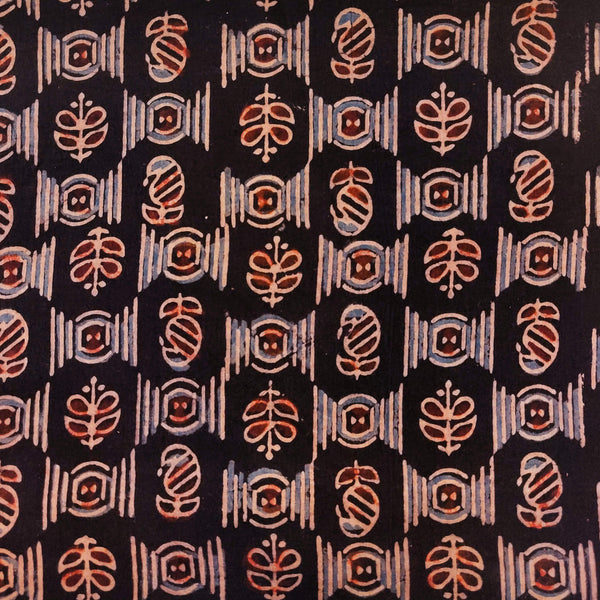 Pre-Cut 2.30 Meter Pure Cotton Black Ajrak With Tiny Kairi And Lines Motif Hand Block Print Fabric