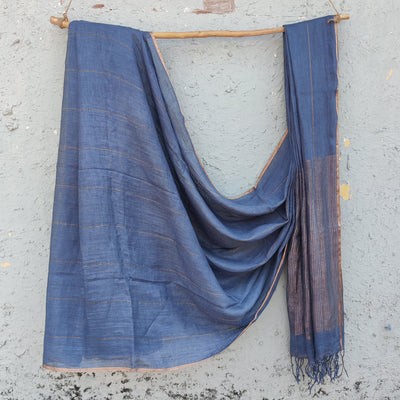 RADHIKA-Linen Rust Blue With Golden Zari Saree