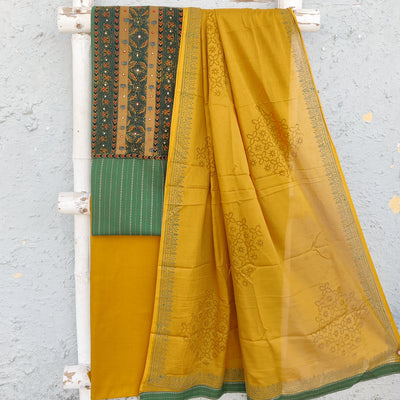 RADHIKA-Pure Cotton Handloom  Green With Dark Green Ajrak Yoke Top And Mustard Bottom And Cotton Dupatta