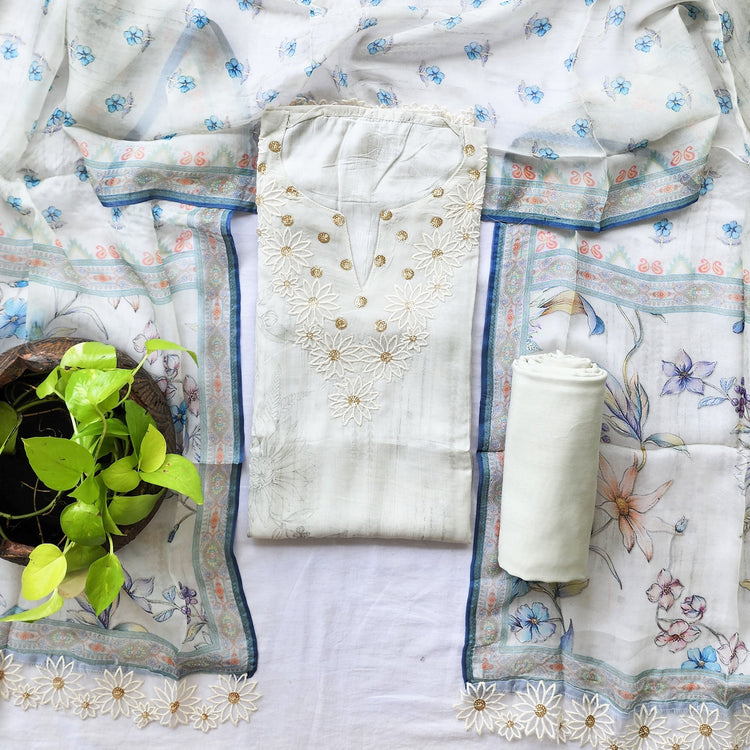 RANISAMuslin Off White Heavy Embroidery Yoke Top And Plain Rayon Bott