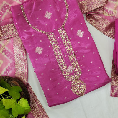 RANISA-Muslin Pink With Heavy Aari Work Yoke Top And Rayon Pink Bottom And Muslin Dupatta Suit