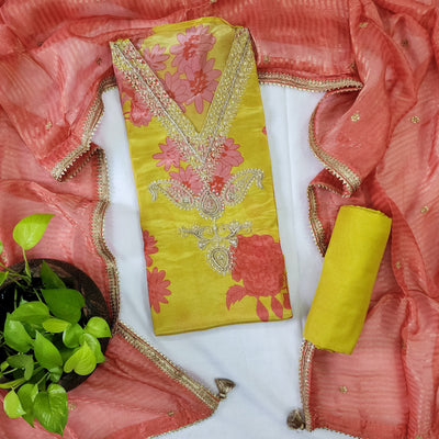 RANISA-Tissue Yellow With Heavy Aari Work Yoke Top And Plain Rayon Bottom And Peach Colour Heavy Dupatta