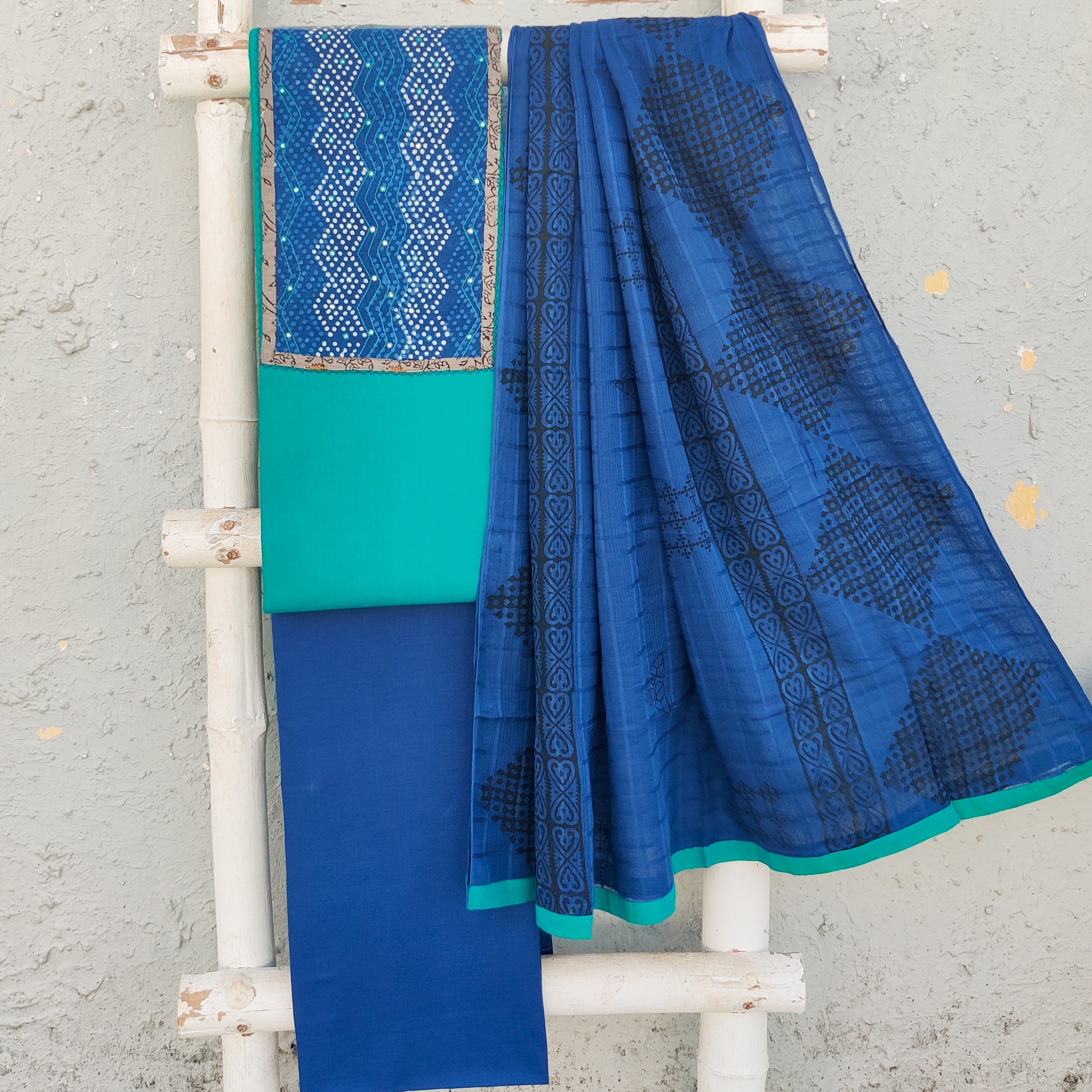 RITIKA-Pure Cotton Blue Plain With Indigo Emboriderey Yoke Top And Dar ...