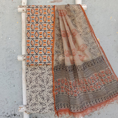 ROZAN -Pure Cotton Cream With Orange And Black Top And Cream With Black Bottom And Kota Dupatta