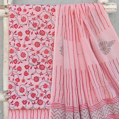 ROZAN -Pure Cotton Light Pink With Red And Orange Flower Jaal Top And Light Pink With Red Stripes Bottom And Cotton Dupatta