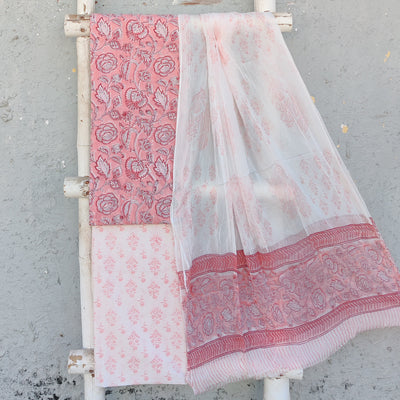 ROZAN -Pure Cotton Peach With Flower Jaal Top  And White With Peach Bottom And Cotton Dupatta