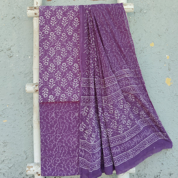 ROZAN -Pure Cotton Purple With Off White Flower Motif Top And Purple Intricate Design Cotton Bottom And Cotton Dupatta