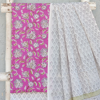 ROZAN -Pure Cotton Purple With White And Grey Flower Jaal Top And White With Grey Bottom And Cotton Dupatta