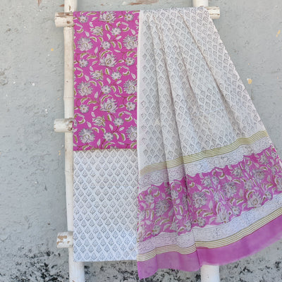 ROZAN -Pure Cotton Purple With White And Grey Flower Jaal Top And White With Grey Bottom And Cotton Dupatta